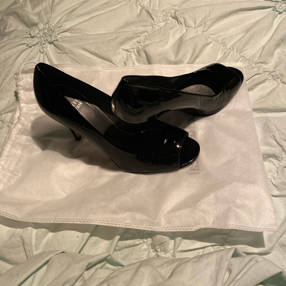 Stuart Weitzman Black Patent Peep Toe Heels